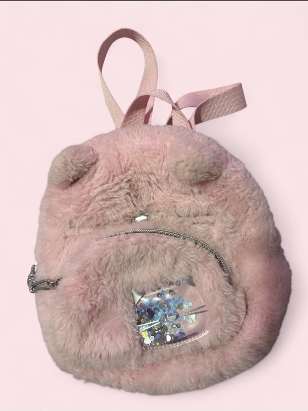 Claire's Pink Plush Kids Backpack with Shimmer Confetti Pocket